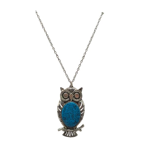 Silver Tone Owl Pendant Necklace With Faux Turquoise Stone Accent - Picture 1 of 5